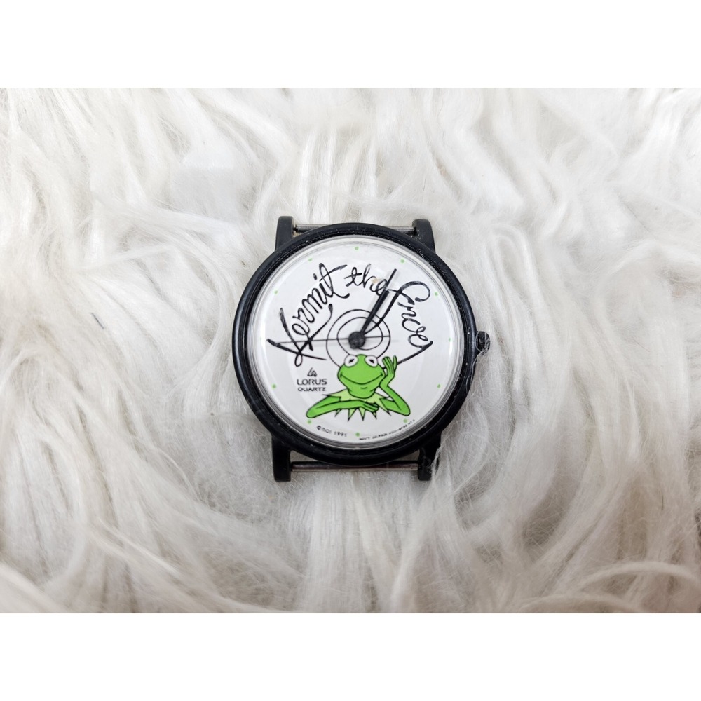 Lorus Kermit The Frog 1991 Black Round Case Black Faux Leather Band Watch - - Picture 1 of 8